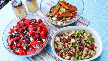 3 Easy and Healthy Summer Salads: Grilled Cajun Chicken or Tempeh Salad, Vegan Red Potato Broccoli Salad and Watermelon Berry Fruit Salad