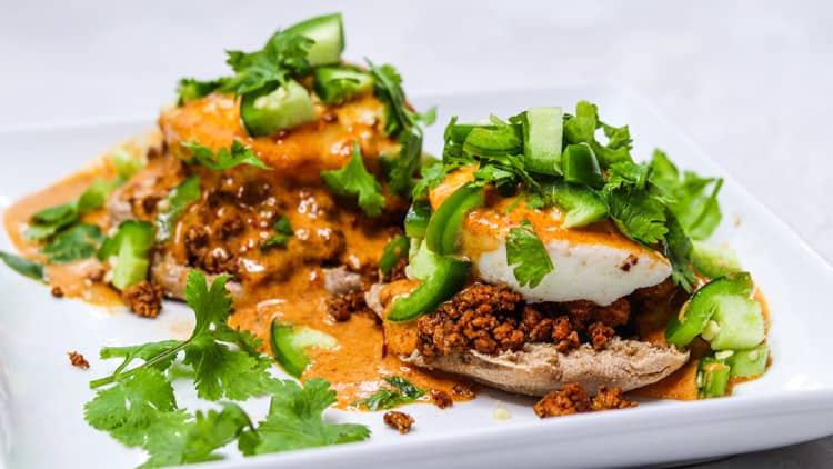 mexican eggs benedict with tofu chorizo chipotle hollaindaise