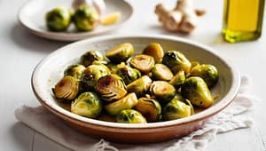 garlic ginger roasted brussel sprouts in a light dish with relevant ingredients in the background
