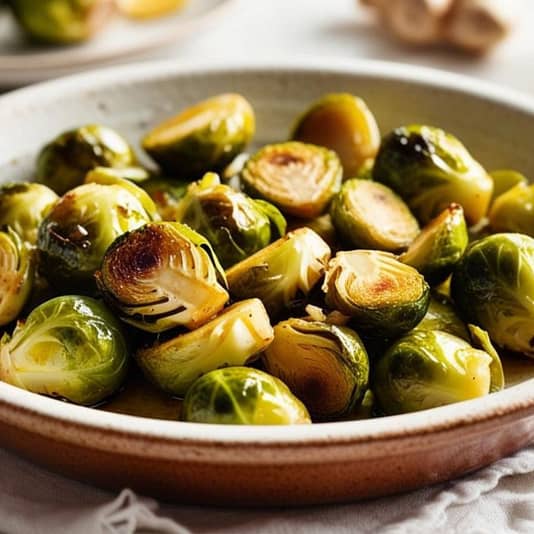 garlic ginger roasted brussel sprouts in a light dish with relevant ingredients in the background