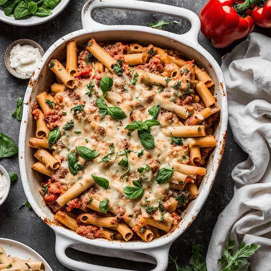 vegan baked ziti with veggies, tomato sauce and tofu ricotta