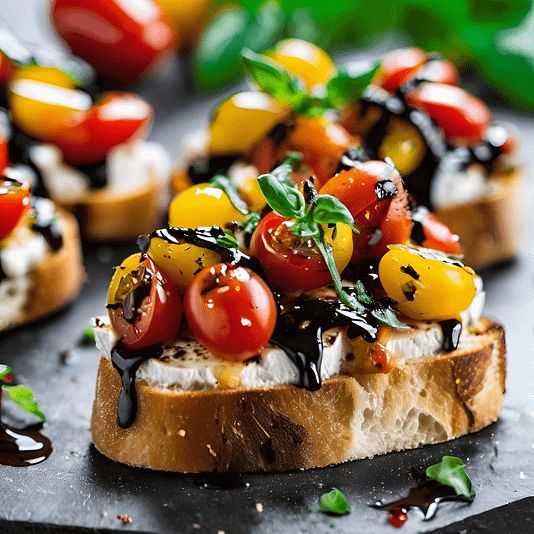 vegan bruschetta withe red and yellow cherry tomatoes, vegan cashew cheese, and balsamic reduction