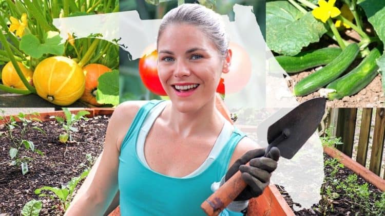 Caitlin holding garden tool in her garden