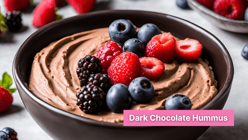 dark chocolate hummus with berries on top