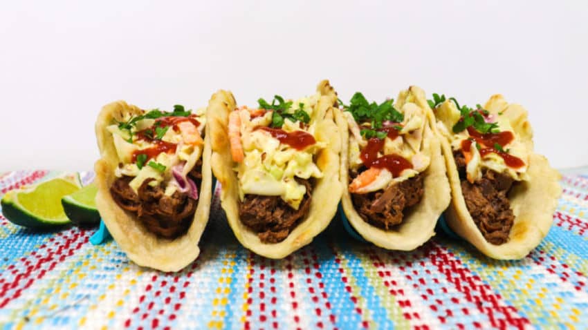 Jackfruit korean tacos side view on a table