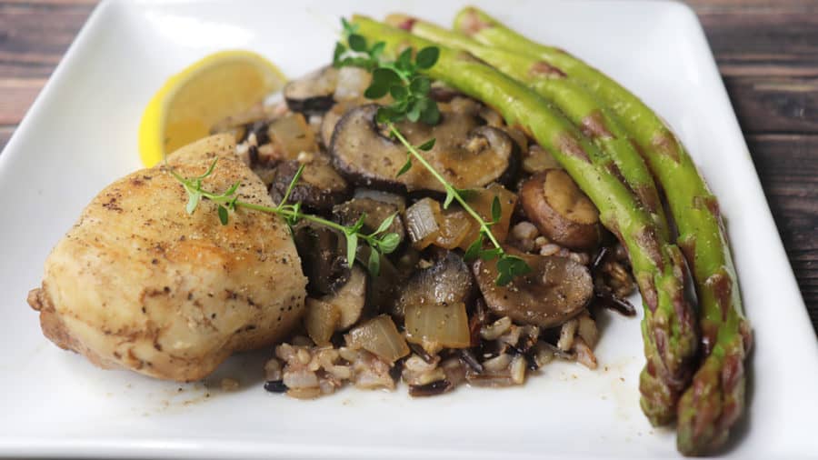 Balsamic Asparagus and Mushrooms with Lemon Thyme reduction