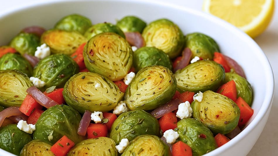 Mediterranean Brussel Sprouts served in a white baking pot