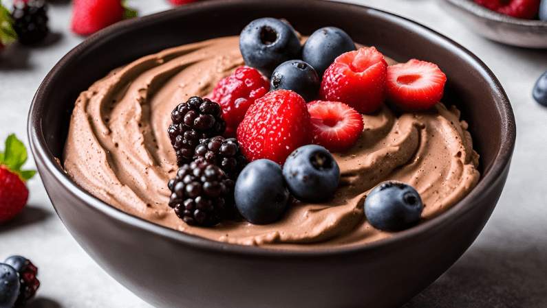 dark chocolate hummus with berries on top