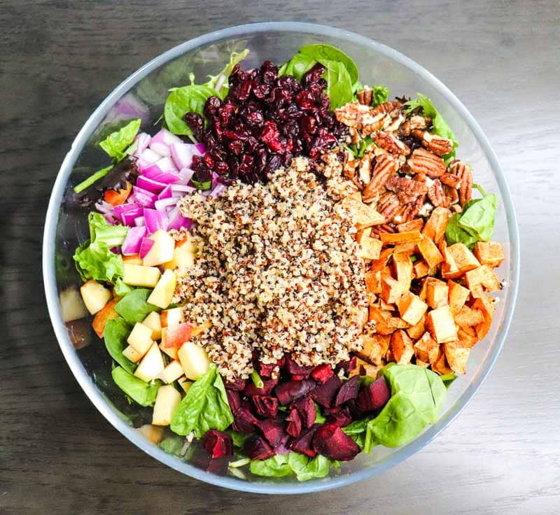 Roasted Sweet Potato and Beetroot Salad served in a glass bowl