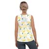 Female model in athletic shirt with yellow lemons, logo and inscription "Plant-based Athlete" CaitlinCooking.com - from the back