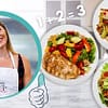 formula for weight loss meal, Caitlin smiling, and some images of healthy meals