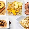 5 different oatmeals served in white bowls
