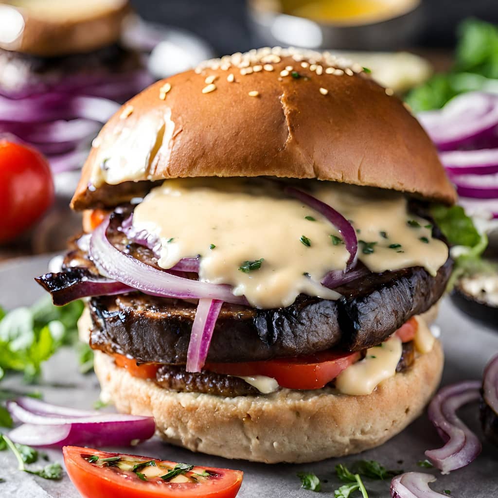 portobello burger with vegan cheese sauce