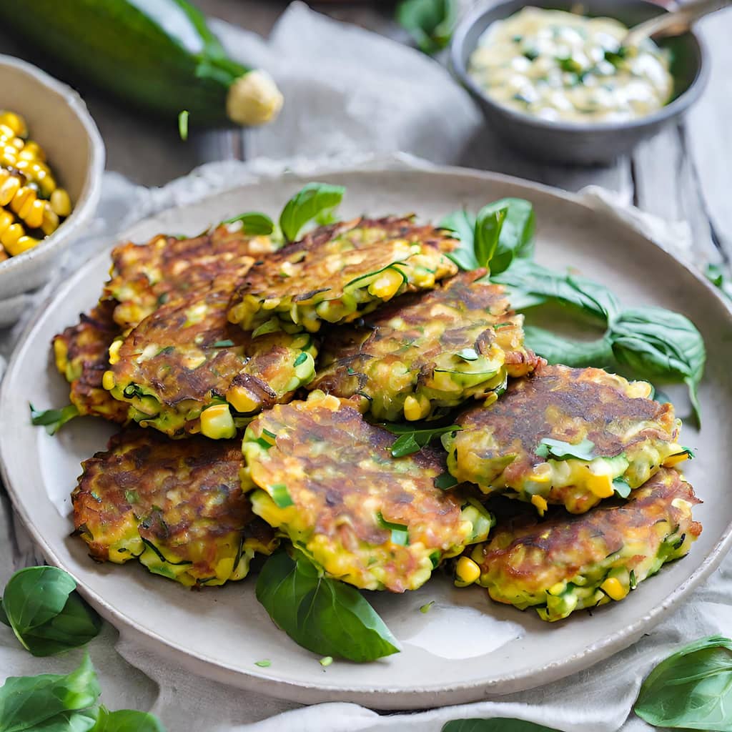 zucchiini corn fritters on a white plate with basil leafs