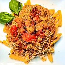 roasted veggies over chickpea pasta