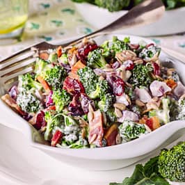 cold summer salad with broccoli and other vegetables overflowed with greek yogurt