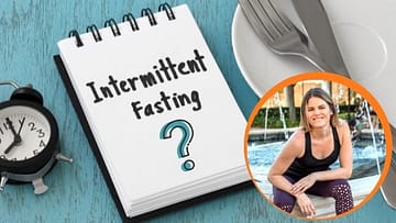 block with insciption: Intermittent Fasting? Caitlin smiling and sitting by the fountain