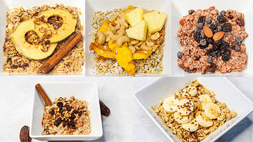 5 different oatmeals served in white bowls