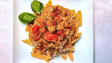 roasted cauliflower tomato sauce over chickpea pasta