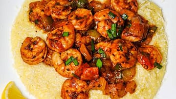 Healthy Shrimp and Grits served on a white plate