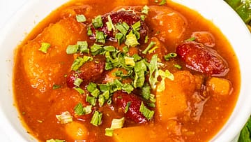 smoky butternut chili served in a white bowl