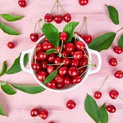 cherries in a white bowl with a couple of leaves surrounding the bowl