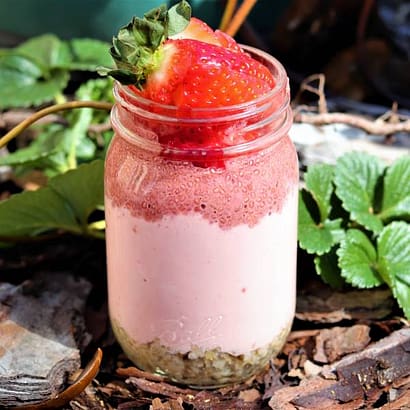 Strawberry Chia Pudding Parfait layered with oats and vanilla protein greek yogurt
