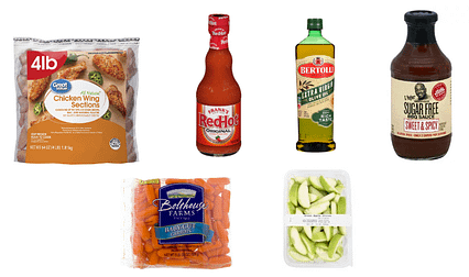 Chicken wings ingredients pic. Chicken wings, hot sauce, olive oil, baby carrots, apples
