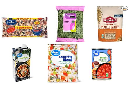 Plant-Based Bean soup ingredients: bag of mixed beans, kale, barley or whole grain, vegetable broth, frozen seasoning blend