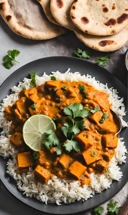dinner recipes: sweet potato curry with rice and naan bread