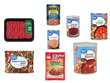 Chili: ground beef, pinto beans, navy beans, red beans, diced tomatoes, tomato sauce, pepper and onion frozen blend, mild chili seasoning mix