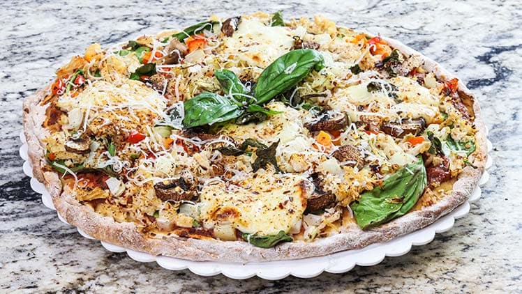 chickpea crust high protein pizza with mushrooms roasted red pepper ricotta