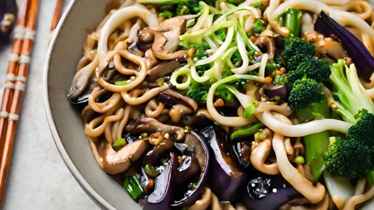 Spicy Mushroom Noodles with Thai Eggplant and Bok Choy