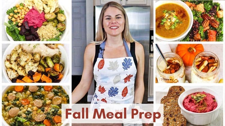 Caitlin wearing apron with fall leaves design, and small images of fall meals for healthy weight loss