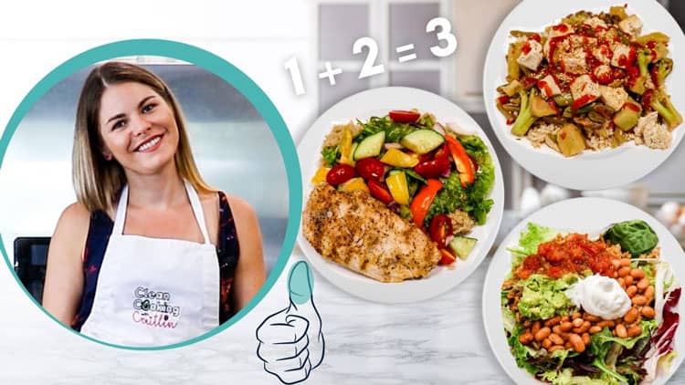 formula for weight loss meal, Caitlin smiling, and some images of healthy meals